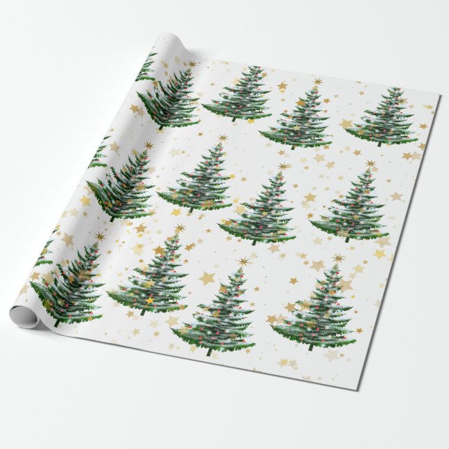 Papel De Regalo Árbol de Navidad y estrellas de oro (Desenrollado)