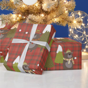 Papel De Regalo Árbol de navidad y regalo de oso rojo y ruso