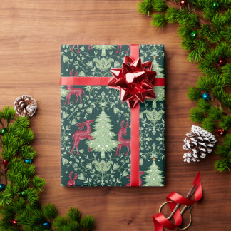 Papel De Regalo Árbol de Navidad y reno - Arte Popular - Verde