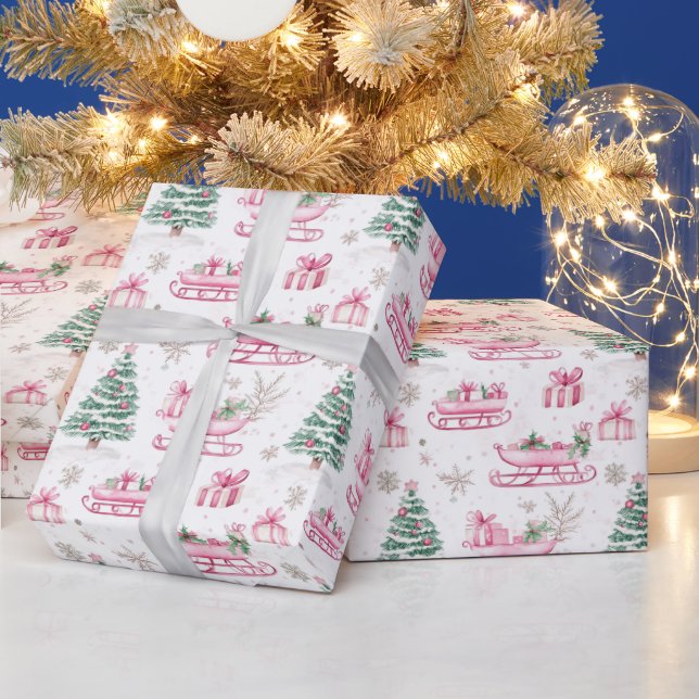 Papel De Regalo Árbol De Navidad Y Santa Sleigh Rosa (Vacaciones)