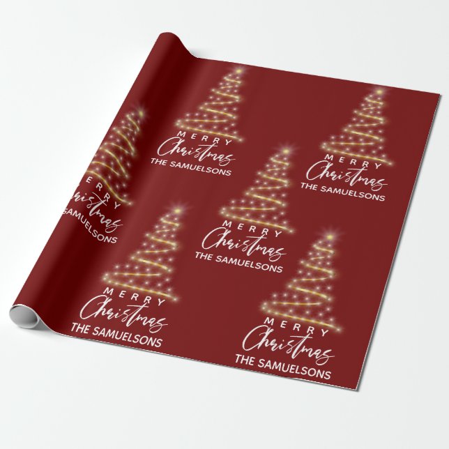 Papel De Regalo Árbol de oro navideño personalizado rojo (Desenrollado)