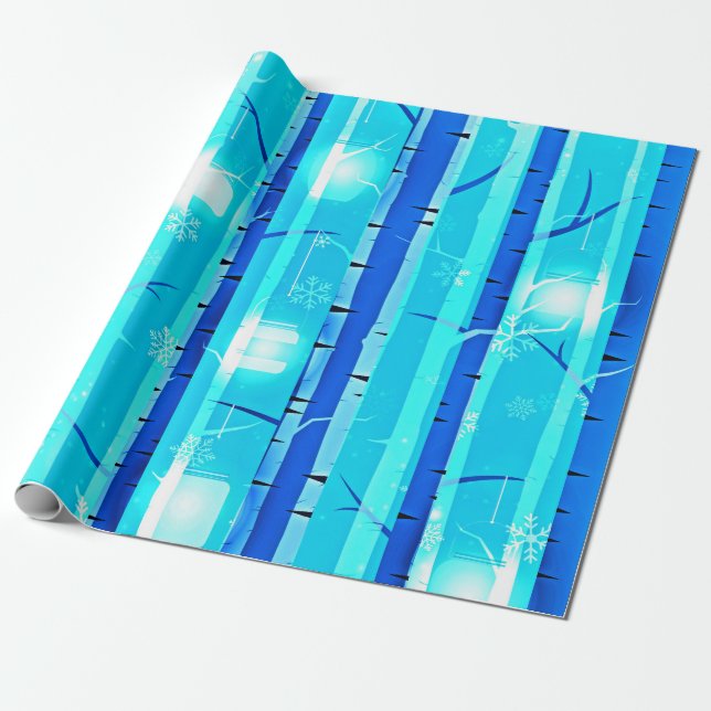 Papel De Regalo Árbol de pájaros azules de invierno con copos de n (Desenrollado)