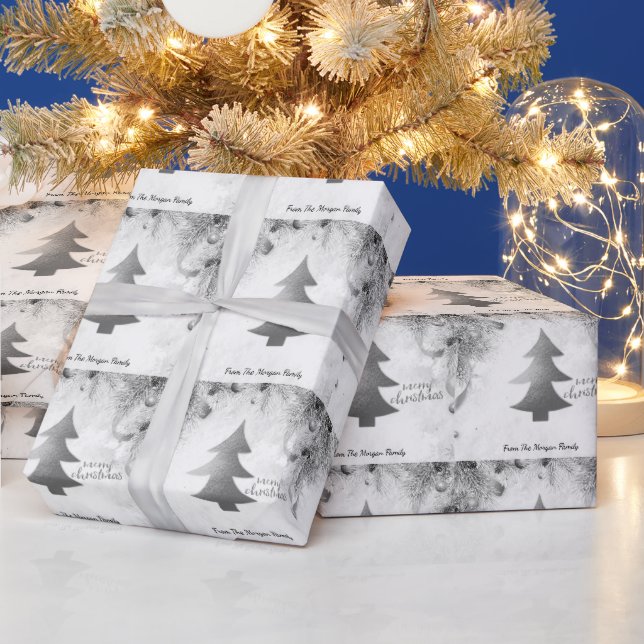 Papel De Regalo Árbol de pino plateado, bolas navidad (Vacaciones)
