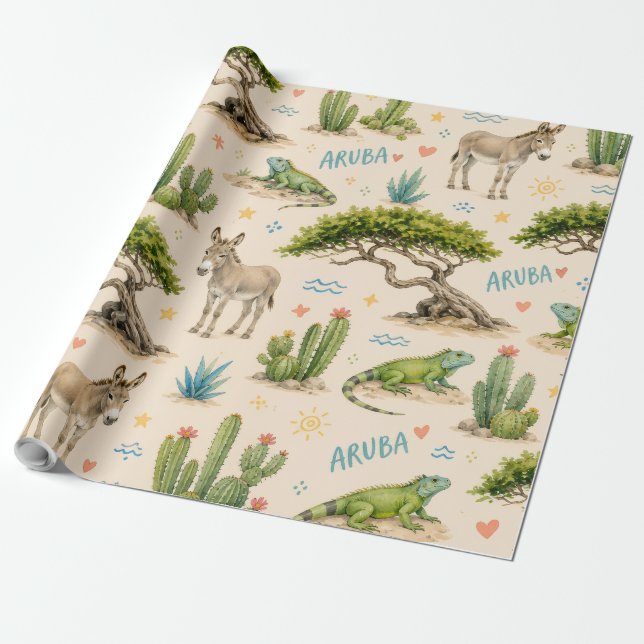 Papel De Regalo árbol divi de Aruba, burro, iguana, cactus (Desenrollado)