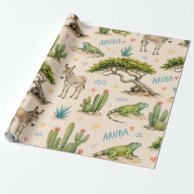 Papel De Regalo árbol divi de Aruba, burro, iguana, cactus (Desenrollado)