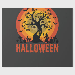 Papel De Regalo Árbol Embrujado de Halloween Bruja y Gatos Negros