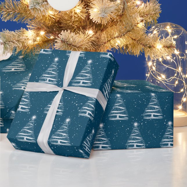 Papel De Regalo árbol estrella de Navidades blancos en azul (Vacaciones)