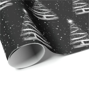 Papel De Regalo árbol estrella de Navidades blancos sobre negro