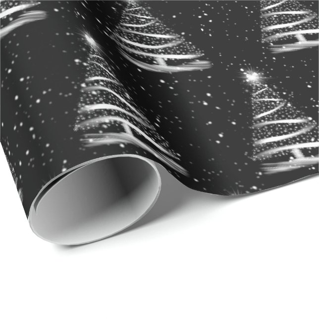 Papel De Regalo árbol estrella de Navidades blancos sobre negro (Esquina del rollo)