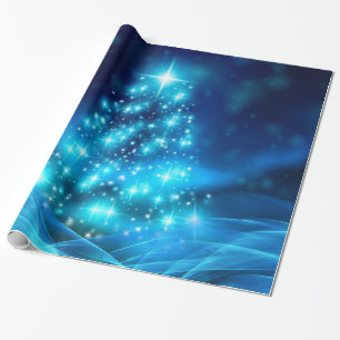 Papel De Regalo Árbol moderno de Navidad azul eléctrico con luces