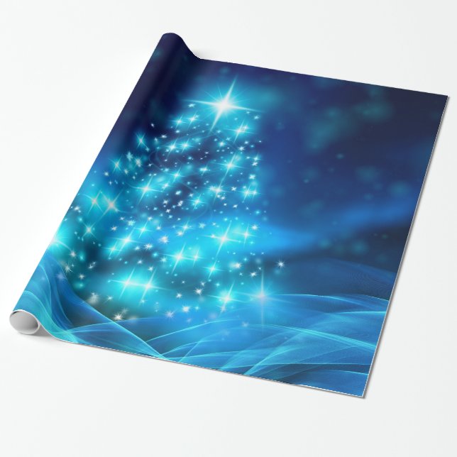 Papel De Regalo Árbol moderno de Navidad azul eléctrico con luces (Desenrollado)