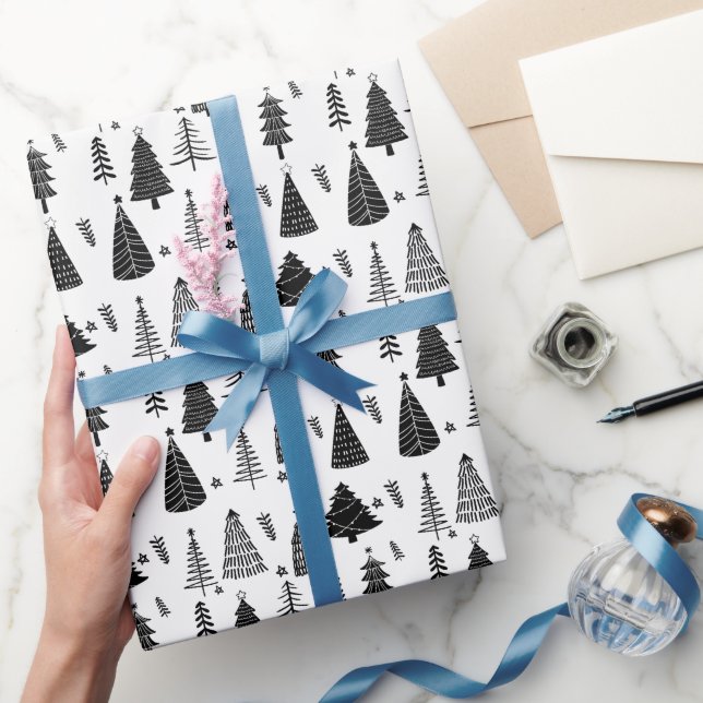 Papel De Regalo Árbol moderno de Navidad blanco y negro (Regalar)