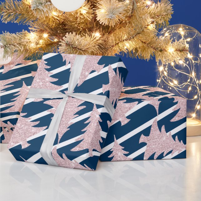 Papel De Regalo Árbol moderno de Navidad de raya blanca azul Rosa (Vacaciones)