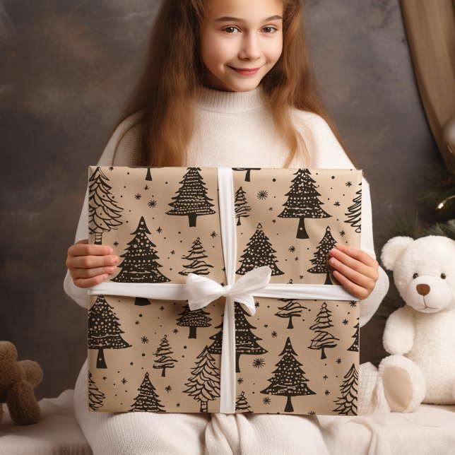 Papel De Regalo Árbol moderno de Navidad Negro Y Crema (Subido por el creador)