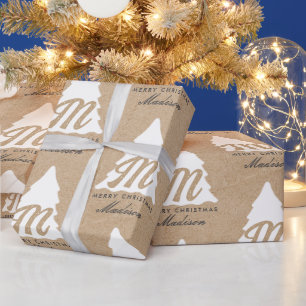 Papel De Regalo Árbol monograma de Kraft navideño personalizado