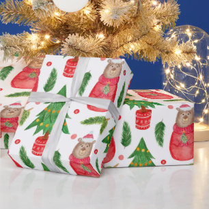 Papel De Regalo Árbol navideño acuarela y oso de peluche