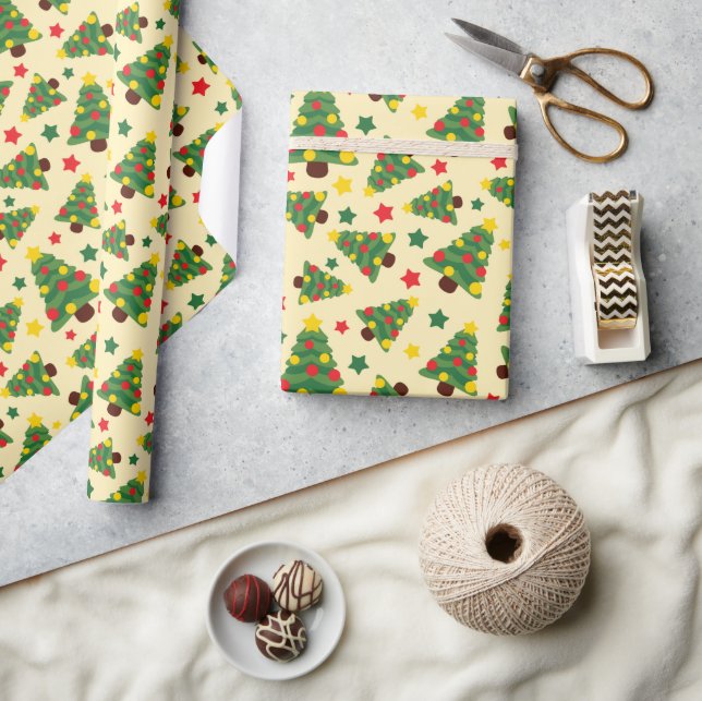 Papel De Regalo Árbol navideño, ornamentos y estrellas sin costura (Artesanía)