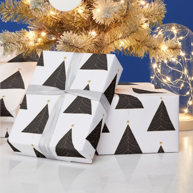 Papel De Regalo Árbol negro de Navidad, "cuerda de luces" dorada (Vacaciones)
