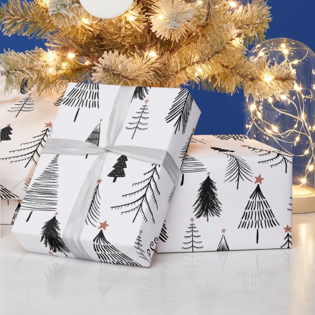 Papel De Regalo Árbol negro y blanco de Navidad (Vacaciones)