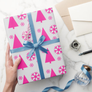 Papel De Regalo Árbol rosa de Navidad copas de nieve gris claro