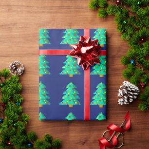 Papel De Regalo Árbol verde de Navidad de 8 bits con fondo azul