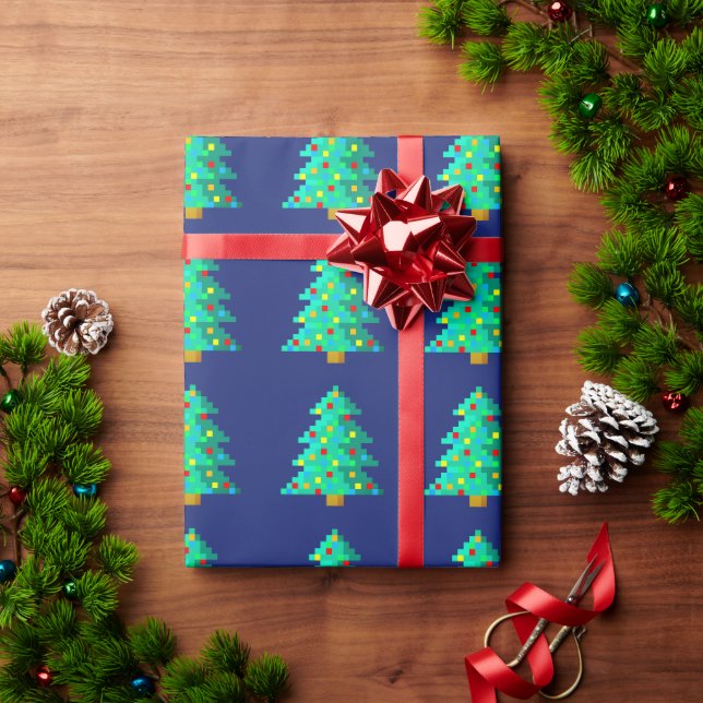 Papel De Regalo Árbol verde de Navidad de 8 bits con fondo azul (Regalo de vacaciones)