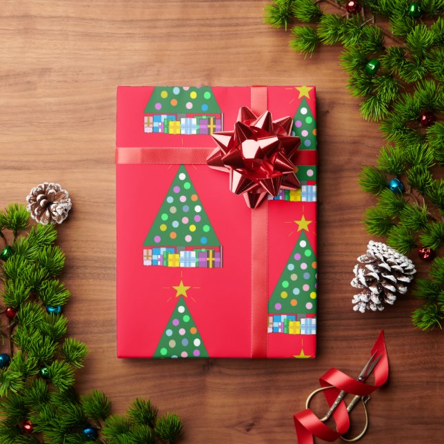 Papel De Regalo Árbol verde de Navidad en rojo: (Regalo de vacaciones)