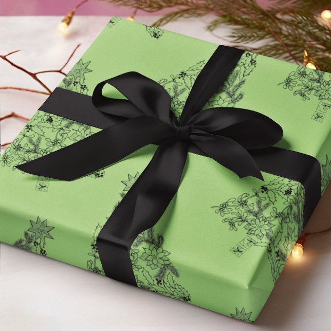 Papel De Regalo Árbol verde festivo en Navidades de Pistachio (Festive Green Tree on Pistachio Christmas Wrapping Paper)