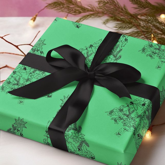 Papel De Regalo Árbol verde festivo sobre Navidades esmeraldas (Festive Green Tree on Emerald Christmas Wrapping Paper)