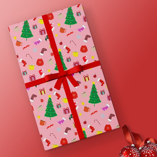 Papel De Regalo Árbol y cosas de Navidad moderno y rosado caliente (Pink Christmas Wrapping Paper)