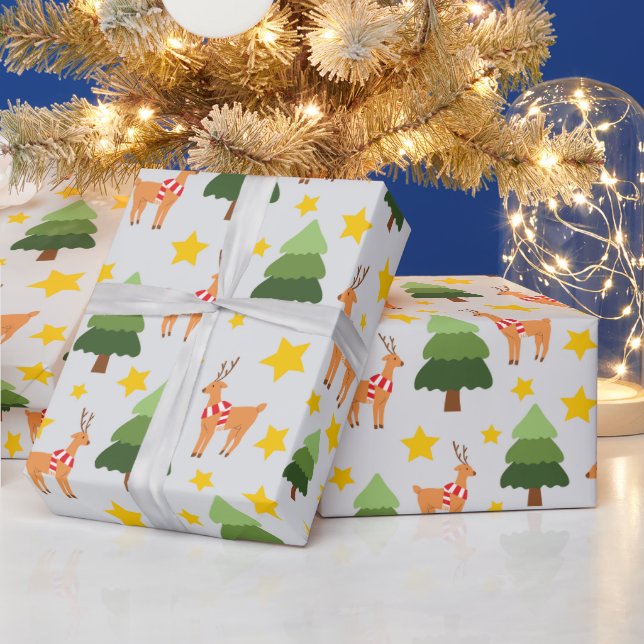 Papel De Regalo Árbol y estrellas de Navidad de renos forestales f (Vacaciones)