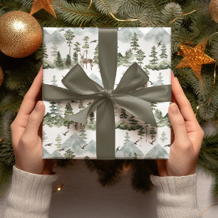 Papel De Regalo Árboles acuarelas Y Navidades Verdes De Cerfs