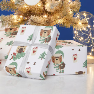 Papel De Regalo Árboles Adorables   Oso de Peluche Navidad