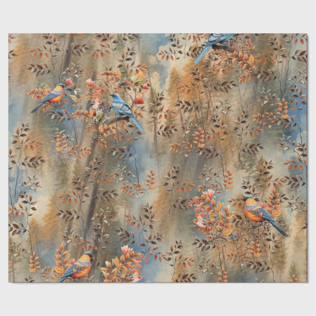 Papel De Regalo Árboles altos, hojas otoñales y aves azules. (Costura)