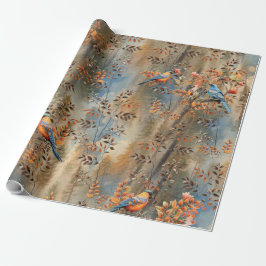 Papel De Regalo Árboles altos, hojas otoñales y aves azules.