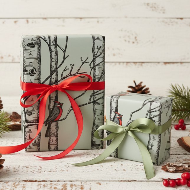 Papel De Regalo Árboles azules grandes de aves y aves cardinales r (Sage Green Winter Christmas Red Cardinal Wrapping Paper for Nature Lover. Elegant Birch Trees, Birds)
