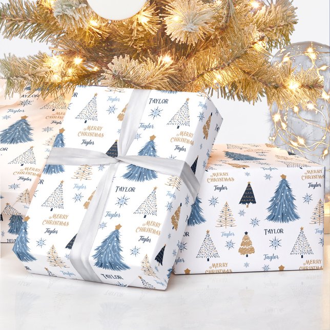 Papel De Regalo Árboles azules Navidades modernos nombre texto (Blue Trees Modern Christmas Blue Name Text Wrapping Paper)