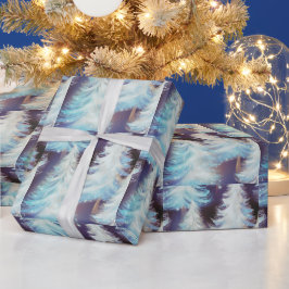 Papel De Regalo Árboles Azules y Blancos Navidad Moderna