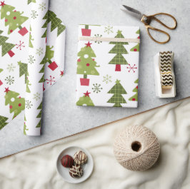 Papel De Regalo Árboles clásicos de navidad verde rojo blanco