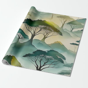 Papel De Regalo Árboles con temática de acuarela verde y paisaje d