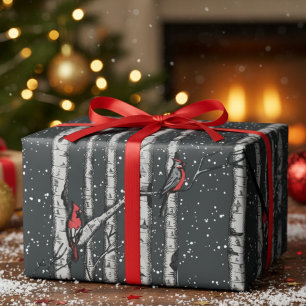 Papel De Regalo Árboles de abedul nevados cardenal negro de invier