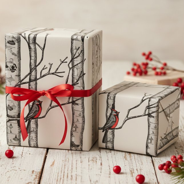 Papel De Regalo Árboles de aves grandes de marfil y pájaros carden (Festive Ivory Winter Christmas Red Cardinal Wrapping Paper. Elegant Birch Forest Trees Birds Pattern)