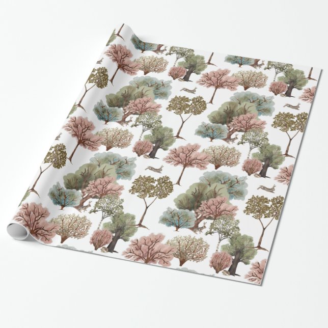 Papel De Regalo Árboles de Bosque Conejos (Desenrollado)