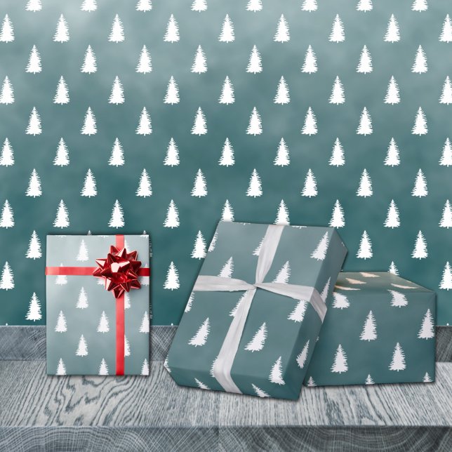 Papel De Regalo Árboles de bosques de bosques blancos, espesor azu (White Woodland Forest Trees Blue Spruce Christmas Holiday Gift Wrapping Paper Rolls)