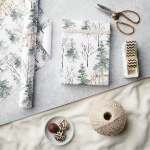 Papel De Regalo Árboles de invierno nevados Tipografía dorada Joye