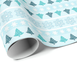 Papel De Regalo Árboles de invierno y copos de nieve patrón azul