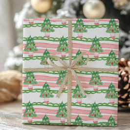 Papel De Regalo Árboles de Navidad a rayas caprichosos con acuarel