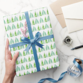 Papel De Regalo Árboles de Navidad Acuarela Verde Blanco