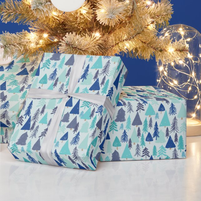 Papel De Regalo Árboles de Navidad azules en un bosque eververde (Vacaciones)