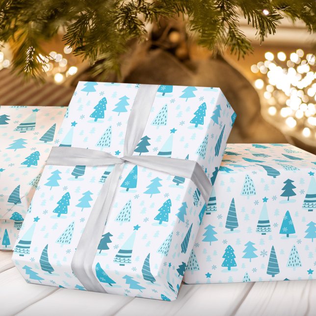 Papel De Regalo Árboles de Navidad azules Navidades modernos (Blue Christmas trees Christmas wrapping paper)